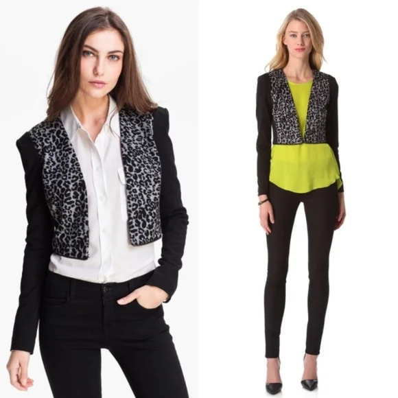 Rebecca Taylor Convertible Black Gray Leopard Print Peplum Knit Blazer Size 8 - Picture 3 of 11